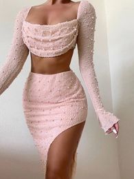 Two Piece Dress Mozision Pearl Sexy Dress Sets Women Square Collar Full Sleeve And Split Skirt Matching Sets Female Club Party Two Piece Set 221119