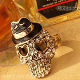 Popular Unisex Bowler Black Hat Crystal Diamond Skull Pirate Stretch Ring Presente #R482272