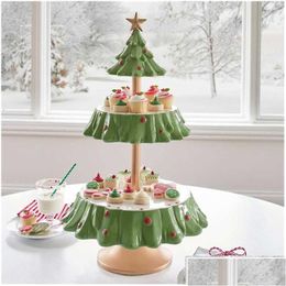 Christmas Decorations Christmas Decorations Tree Dessert Table Fruit Plate Double Layer Cake Stand Holiday Party Candy Snack Tray Xm Dhn5T