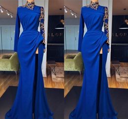 2023 Royal Blue Mermaid Evening Dresses High Neck Side Split Long Sleeves Designer Applique Ruched Custom Made Formal Occasion Wear Arabic Prom Gown vestidos