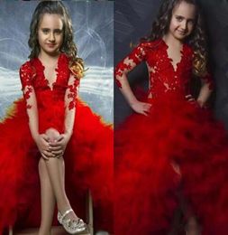 Modest Red 2K17 Flor Girls Vestres para Apliques formais de ilus￣o de j￳ias Ruffles Mangas compridas oi vestidos de concurso para meninas FO4167382