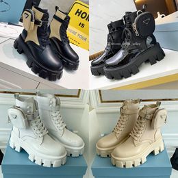 Designer donna di lusso Stivali scarpe in pelle da donna Stivaletto monolite Martin alla caviglia di ispirazione militare da combattimento con plateau Sneakers da donna con fondo in nylon stivaletti bouch