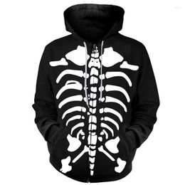 Men's Hoodies Men Zip Up Coat 3D Print Skulls Rib Cage Streetwear Casual Jacket Mens Womens Zipper Sweatshirts Black White