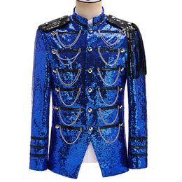 Men's Suits Blazers Shiny Sequin Glitter Chain Military Dress Tuxedo Suit Jacket Nightclub Stage Show Cosplay Masculino 221118