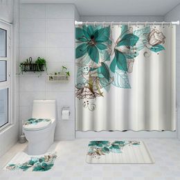 Shower Curtains Waterproof Bathroom Curtain Flower Toilet Cover Non Slip Bath Mat Rug Carpet Set Polyester Fabric Washable Home Decor 221118