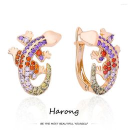 Stud Earrings Harong Inlaid Colourful Crystal Gecko Lizard Creative Funny Rose Gold Colour Copper Metal Quality Jewellery Gift