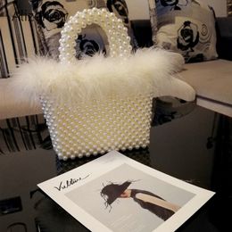 Waist Bags Faux Fur Pearl Evening Women Hand Woven Panelled Beaded Tote Purses And Handbags Female Cute Shoulder Dinner Party 221119