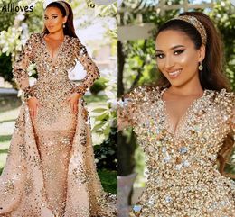 Luxury Gold Sparkly Dubai Arabic Prom Dresses With Detachable Train Pearls Rhinestones Beaded Celebrity Evening Gowns Long Sleeves Second Reception Dress CL1476