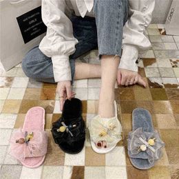 Cootelili Woman Slippers Winter Shoes For Women New Fashion Bow Faux Fur 15Cm Heel Slippers Women Shoes Pink Basic plus Size 41 J220716