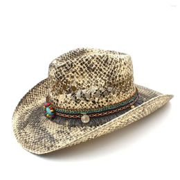 Berets Fashion Women Straw Western Cowboy Hat Summer Handmade Weave Lady Sombrero Cowgirl Caps Bohemian Tassel Ribbon Size 56-58CM