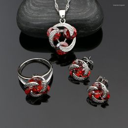 Necklace Earrings Set 925 Silver Bridal For Women Red Stones Cubic Zirconia Stud Pendant Ring Sets