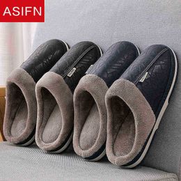 Asifn Men Slippers Cotton Nonslip Indoor Shoes Men Pu Leather Big Size House Mules Waterproof Warm Memory Foam winter Shoes J220716