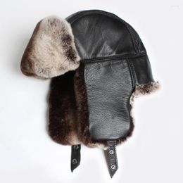 Berets Arrival Winter Unisex Natural Rex Fur Bomber Hats Men Genuine Sheepskin Russian Lady Full Leather Caps