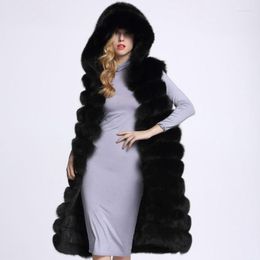Women's Fur 2022 Winter Sleeveless Fluffy Slim Faux Coat With Hooded Female Thick Warm Long Vest Outerwear Jacket