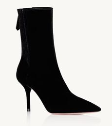 Зимняя мода Aquazzuri Saint Honoe Angle Boots Женщины, застегнутые, леди, леди черные кожаные бархатные бархатные каблуки Свадьба Eu35-43