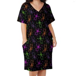 Plus Size Dresses Dancing Skeleton Print Casual Dress Summer Funny Halloween Retro Ladies V Neck Printed Aesthetic 5XL