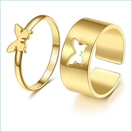 Wedding Rings Punk 2Pc/Set Butterfly Heart Opening Rings For Women Gold Stainless Steel Couple Ring Friendship Jewelry Drop Delivery Dhybs