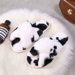 Chic Cow Pattern Cross Band Indoor Women Fur Slippers Open Toe Fluffy Slippers For Girls Home Soft Plush Girls Flat Shoes J220716