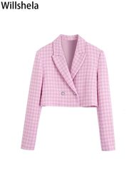 Women's Suits Blazers Willshela Women Fashion Pink Plaid Double Breasted Cropped Vintage Notched Neck Long Sleeves Female Chic Lady Coats 221119