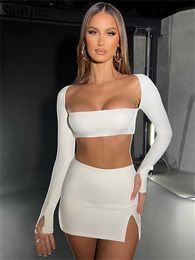 Women's Two Piece Pants Sampic Long Sleeve Crop Top And Bodycon Mini Skirt Two Piece Set Women Autumn Sexy Backless Suit Party Outfit Clubwear White T221012