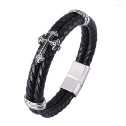 Charm Bracelets Luxury Double Layer Cross Design Stainless Steel Men Leather Bracelet Multicolor Choose Handsome Men's Christmas Gifts