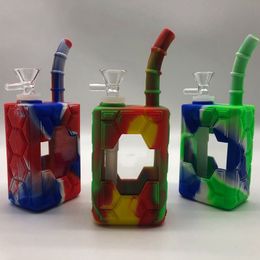 Colourful Silicone Skin Protection Thick Glass Box Pipes Dry Herb Tobacco Philtre Male Bowl Waterpipe Bong Hookah Portable Smoking Cigarette Holder Tube