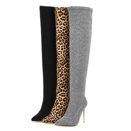 Boots Women Over The Knee Sock 10cm High Heels Long Winter Stretch Leopard Snow Lady Thigh Stripper Fetish Shoes 221119