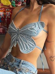 Women's Tanks Camis y2k Butterfly Jeans Crop Top Backless Strap Camis Sexy Blue Cute Party Sweats Women Beach Holiday Mini Vest Summer Tee 221119