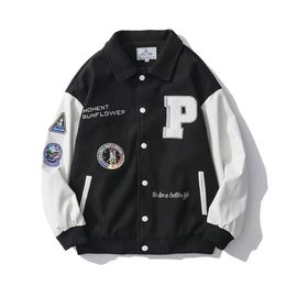 Men's Down Parkas Fashion Men'sbaseball Jacket PU Leather Sleeve Singlebreasted Applique Bomber Jacket Embroidered Patch Casual Jacket Large Size 221119