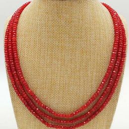 Pretty2x4mm Natural Red Ruby Gemstone Faceted Abacus Beads 3 Row Necklace