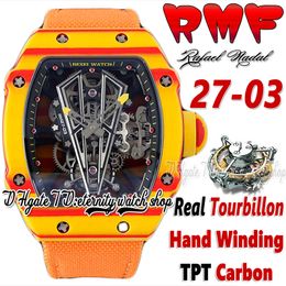 RMF ysf27-03 Mens Watch Real Tourbillon Hand Winding Red Yellow TPT Quartz Carbon Fibre Case Skeleton Dial Orange Nylon Strap Super Edition Sport eternity Watches