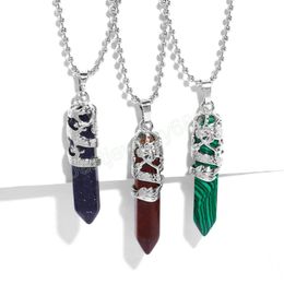 Hexagonal Pendant Necklaces Fashion Women Natural Stones Rose Quartz Tiger Eye Amethyst Blue Sand Red Jasper Gemstone Single Pointed Silver Chain Jewlery