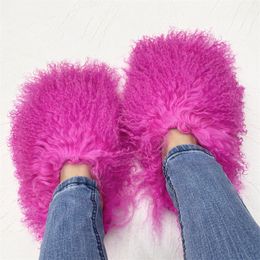 Hausschuhe Luxus Mongolei Pelz Rutschen Frauen Flauschige Fuzzy Plüsch Flip Flops Weiche Hause Warme Winter Erstaunliche Pelz Schuhe Frau 220909