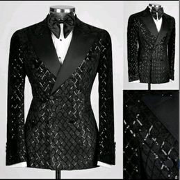 Handsome Groom Tuxedos Sequins Man's Suits Shawl Lapel Groomsmen Wedding/Prom/Dinner Man Blazer Jacket Pants Tie N0161