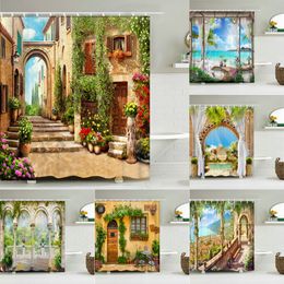 Shower Curtains Home Wall Decor 3D European Building Garden Flowers Patio Landscape Waterproof Polyester Bedroom Bathroom 221118