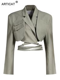 Women's Suits Blazers Articat Gray Double Layer Bandage Slim Blazer Women Long Sleeve Pocket Short Jacket Female Notched Collar Outwear Tops 221119