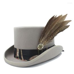 Berets 15CM Top Hat Women Men Steampunk With Handmade Leather Wool Fedoras / Cylinder Hat/ Chimne