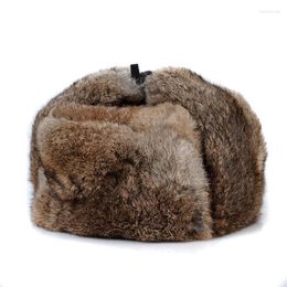 Berets Men Real Fur Winter Hats Lei Feng Hat With Ear Flaps Warm Snow Caps Russian Bomber Cap