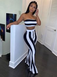 Women s Two Piece Pants Fashion Women Set Summer Stripe Pant Sets Strapless Cropped Top and Flare Sexy Elegant 2Pcs Clubwear 221119