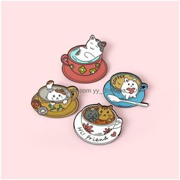 Pins Brooches Cartoon Cat Coffee Cup Brooches Set 4Pcs Enamel Colorf Paint Badges For Boys Alloy Lapel Pin Denim Shirt Fashion Jewe Dhwyo