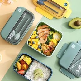 Dinnerware Sets Lunch Box 2 Layers Grids Student Office Worker Microwave Hermetic Bento Outdoor Picnic Fruit Container With Cutlery