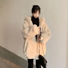 Women's Fur Plush Jacket Women Winter Imitation Rex Coats Large Size Loose Thicken Warm Hooded Jackets 2022 E588