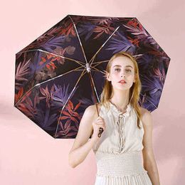 Maple Leaf Design Large ThreeFoldable Umbrella Rain With Black Coating Protection Windproof Women And Lady J220722