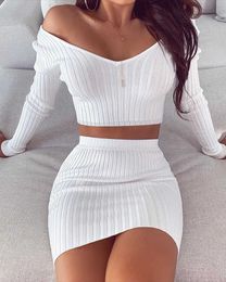 Women's Two Piece Pants Autumn Winter Knit Rib Skirts 2 Piece Set Clothes Sexy Off Shoulder Long Sleeve Crop Top Mini Skirts Festival Two Piece Set T221012