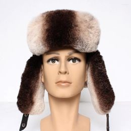 Berets Winter Men Genuine Sheepskin Hats Natural Warm Rex Fur Bomber Caps Lady Windproof Cold Weather Real