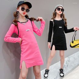 Girl Dresses Fashion Kids For Girls Show Shoulder Slim Dress Cotton Children&#39;s Clothes Long Sleeve Knee Casual Vestidos
