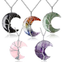 Fashion Tree of Life Necklace Wire Wrap Crescent Moon Crystal Pendants Chip Quartz Natural Stone Resin Stainless Steel 8 Colours