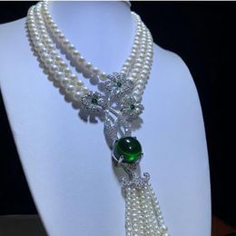 Hand knotted 3rows natural7-8mm white freshwater pearl fashion necklace micro inlay zircon accessories