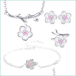 Earrings Necklace Wedding Bridal Jewellery Sets Sier Plated Purple Pink Crystal Cherry Blossoms Flower Necklaces Earrings Rings For Dhdts