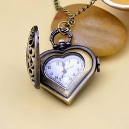 Pocket Watches Wholesale Vintage Necklace Korean Sweater Chain Bronze Heart Hollow Carved Peach Watch